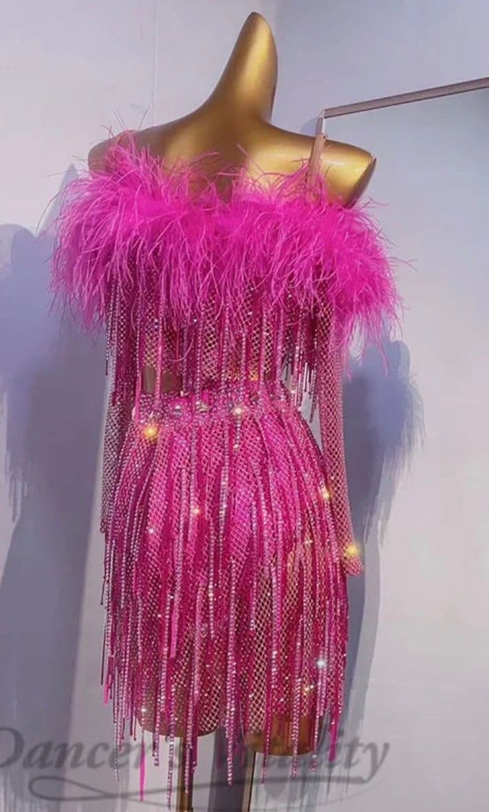 Fuxia Pink Latin Dress with Swarovski Crystals and Feathers - 2