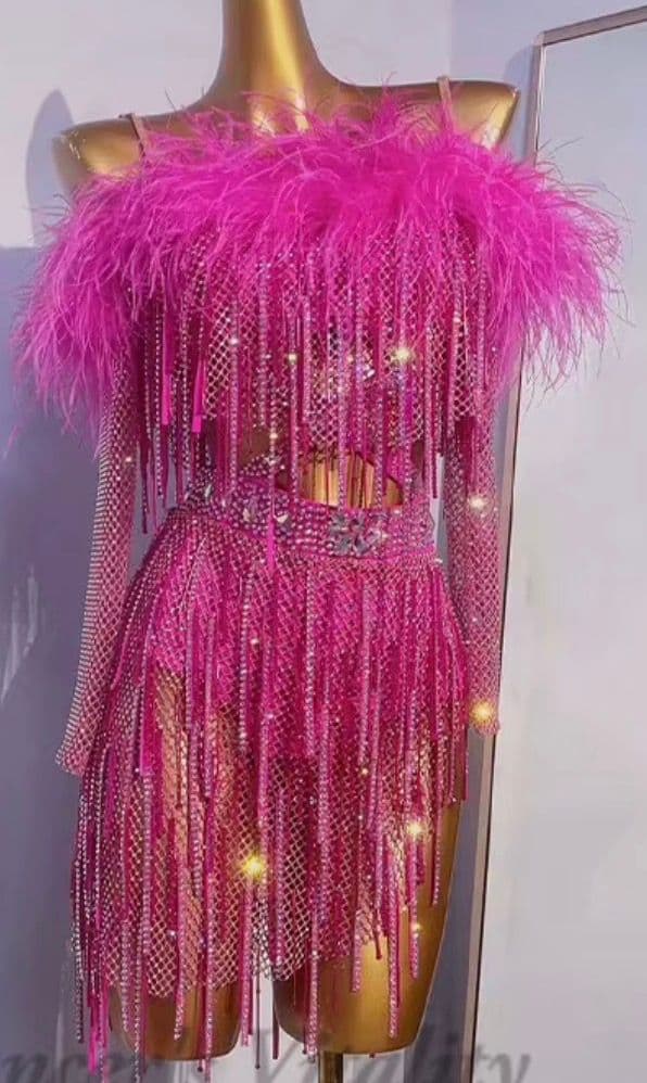 Fuxia Pink Latin Dress with Swarovski Crystals and Feathers - 1