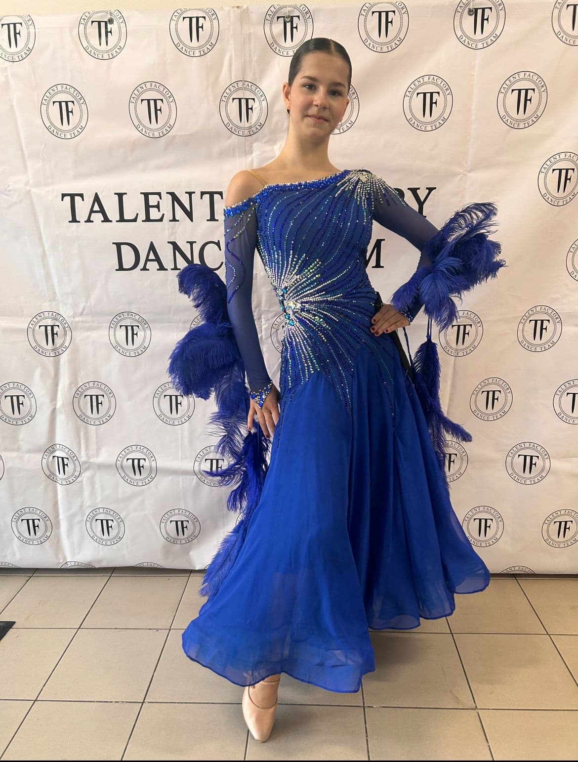 Blue Standard Dress with Feathers and Swarovski Crystals - 1