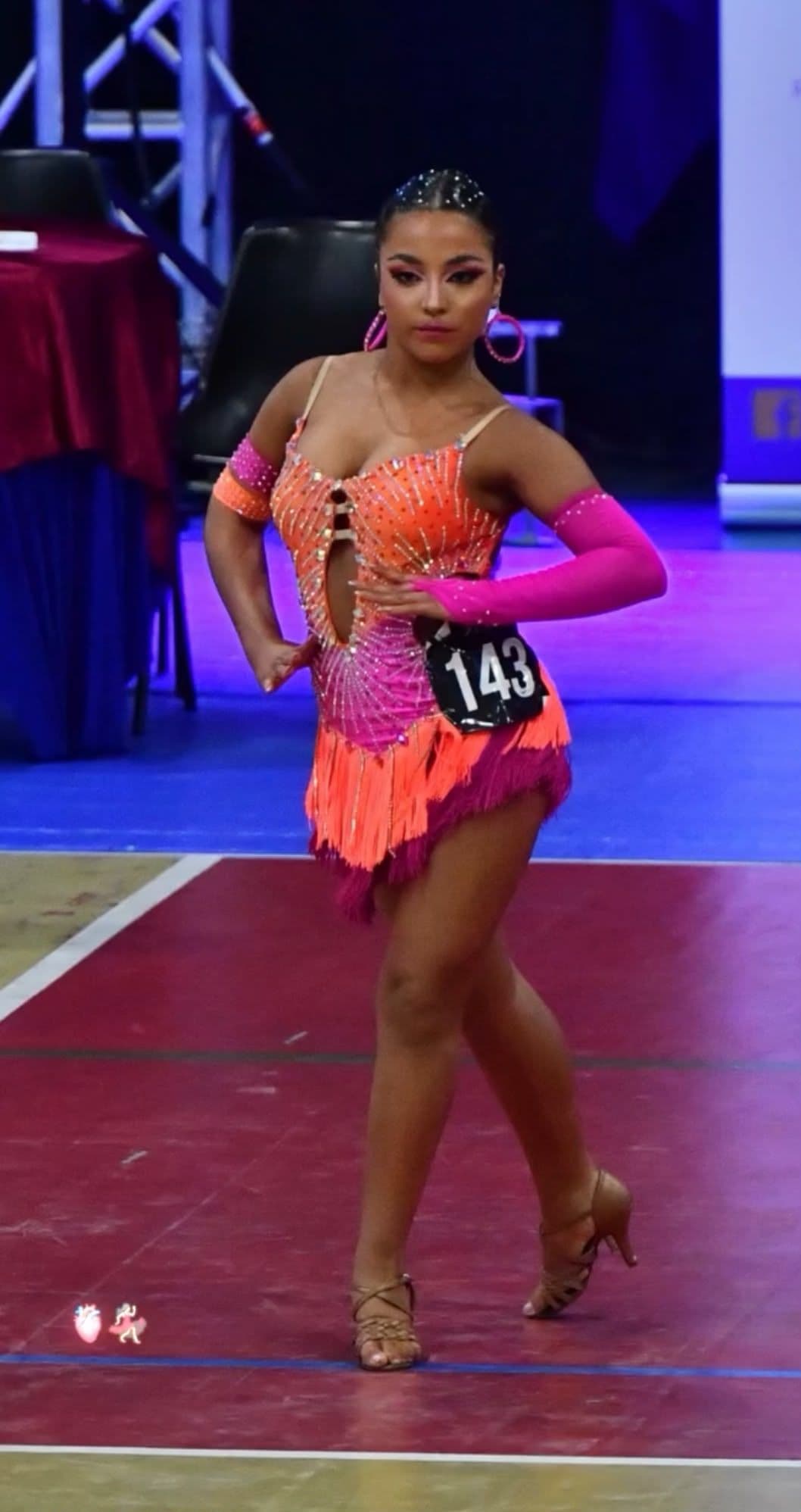Fuchsia and Orange Latin Dress with Swarovski Crystals and Fringe - 1