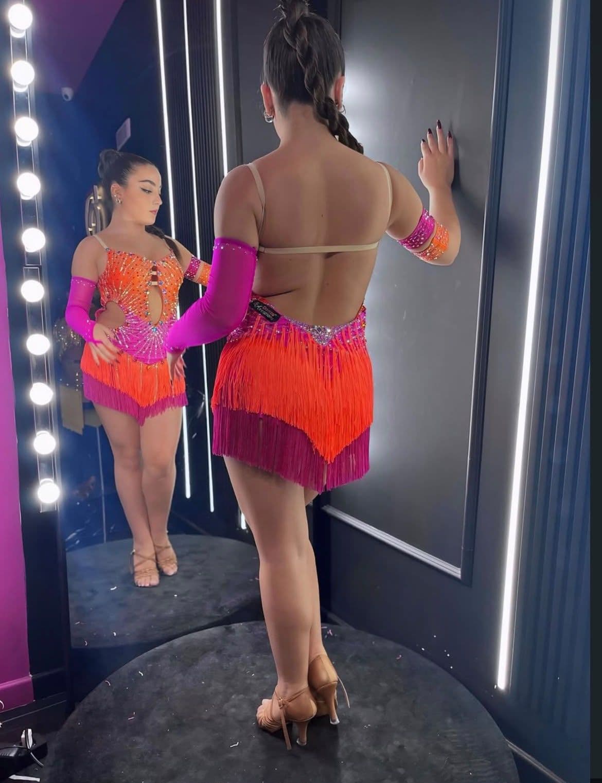Fuchsia and Orange Latin Dress with Swarovski Crystals and Fringe - 3