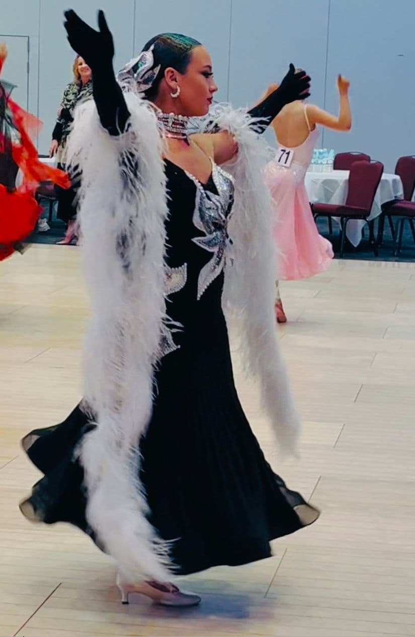 Black Standard Dress with Swarovski Crystals and Feather Floats - 3