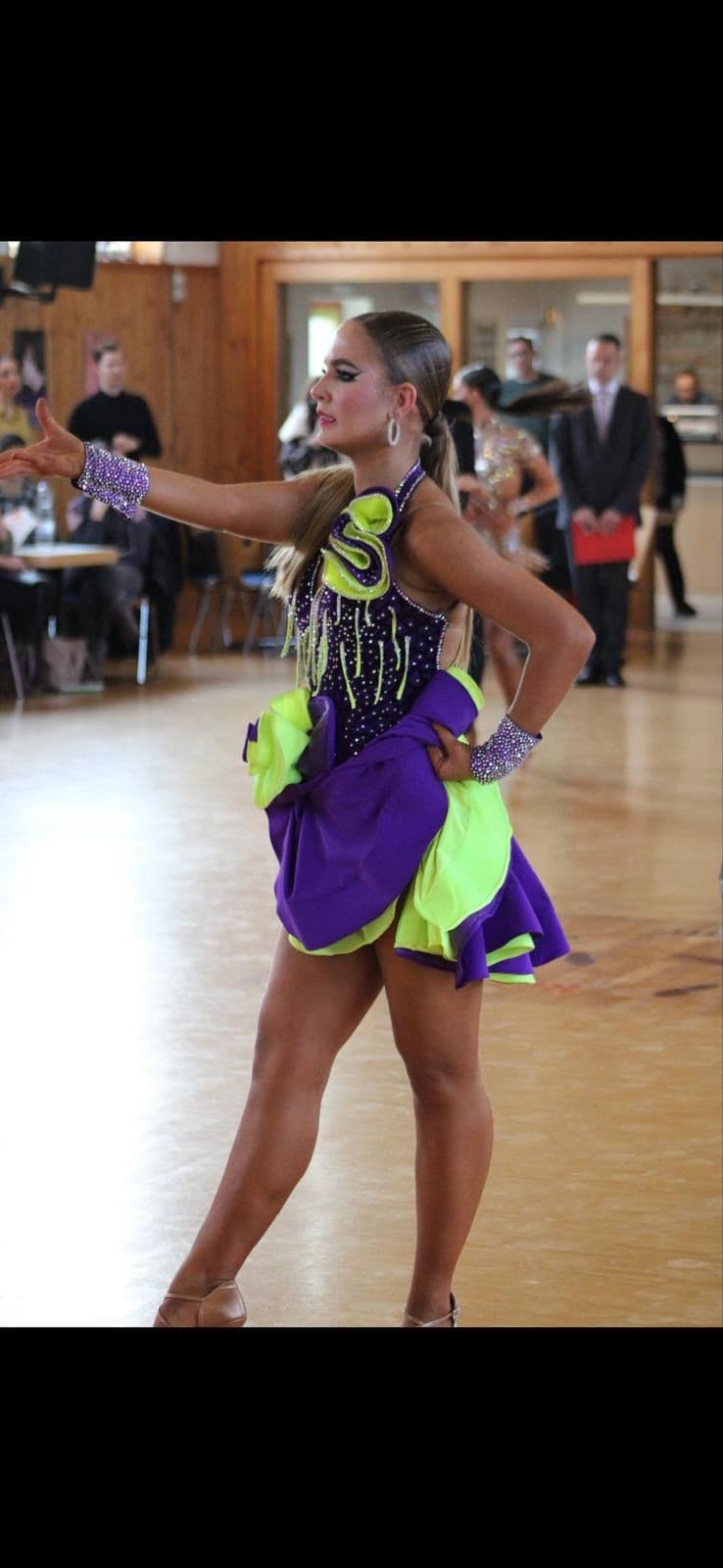 Purple and Neon Yellow Latin Dress with Swarovski Crystals - 1