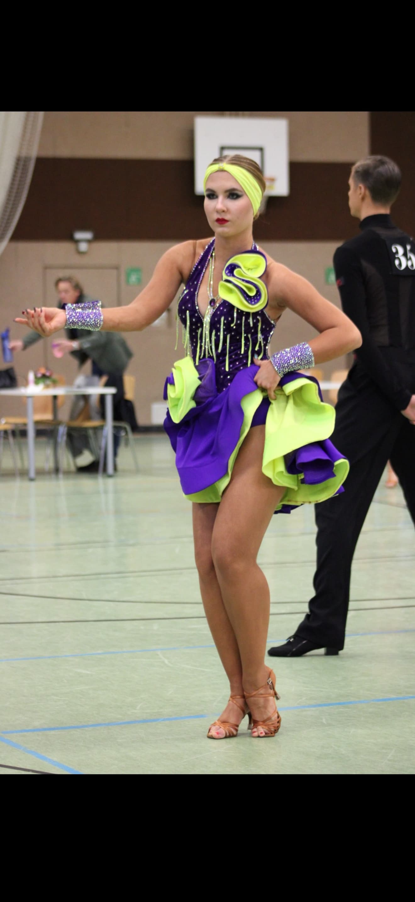 Purple and Neon Yellow Latin Dress with Swarovski Crystals - 2