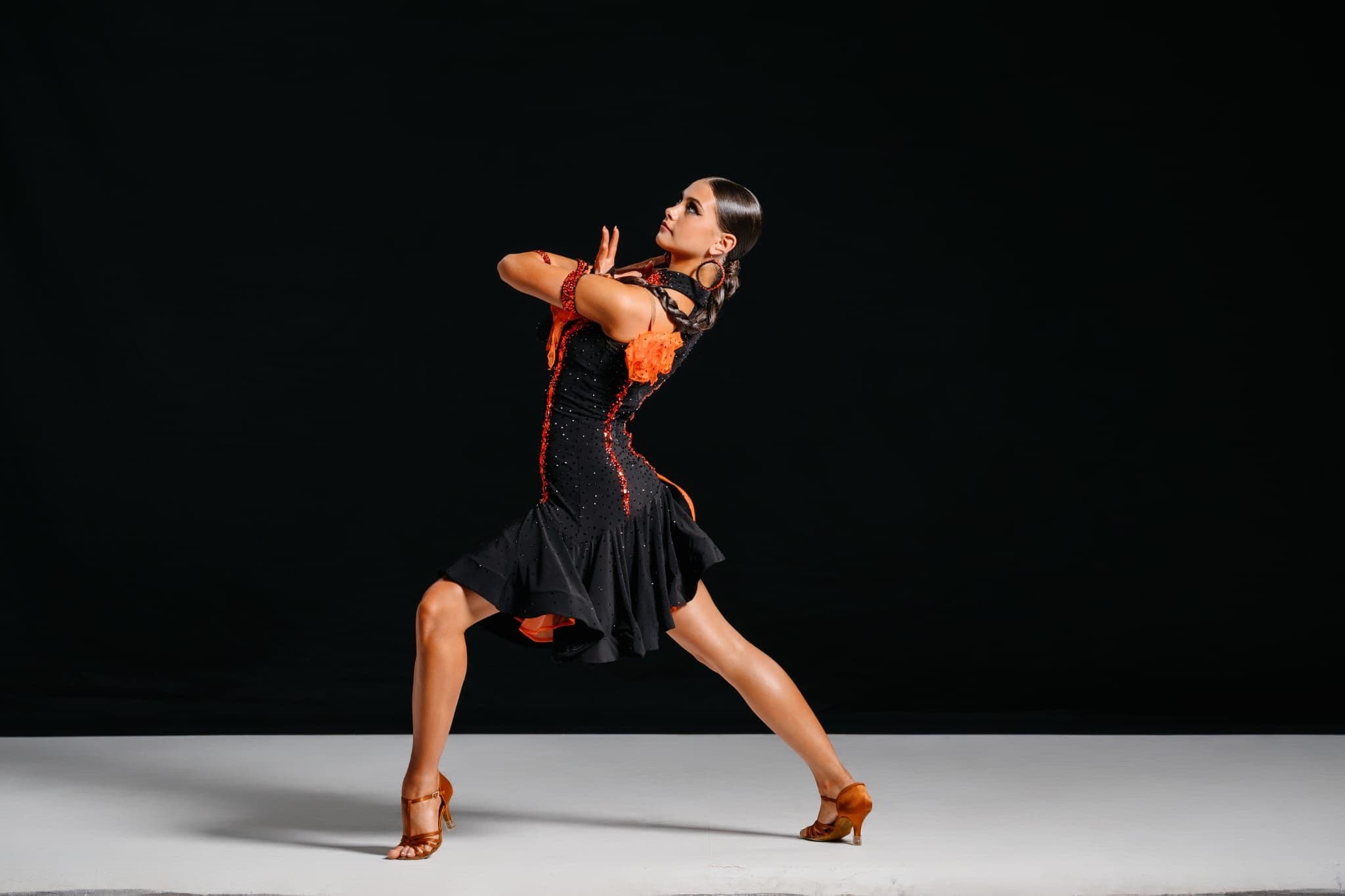 Black & Orange Latin Dress with Swarovski Crystals - 2