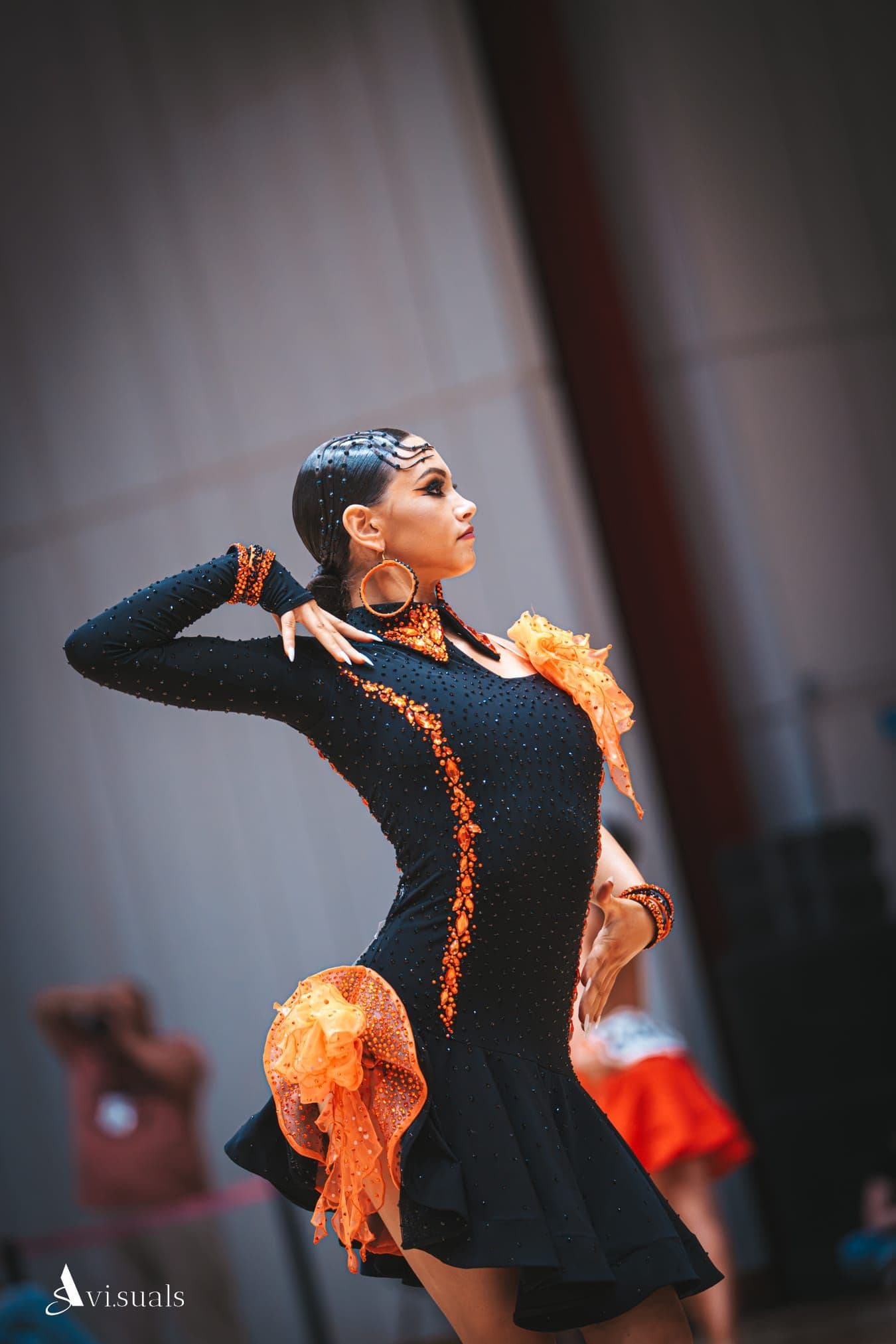 Black & Orange Latin Dress with Swarovski Crystals - 1